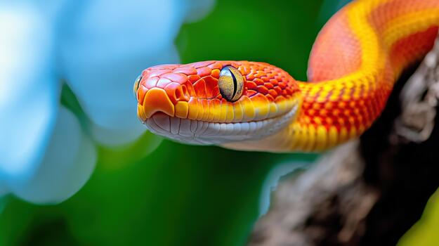 A close up of a snake with a yellow and orange head photo