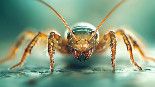 A brown bug with red eyes and a long snout is standing on a wooden surface photo