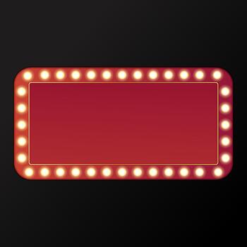 Light sign on red rectangular frame. Retro casino lightbox. Circus frame with glowing light bulbs. Red cinema or theater banner of rectangular shapes. vector