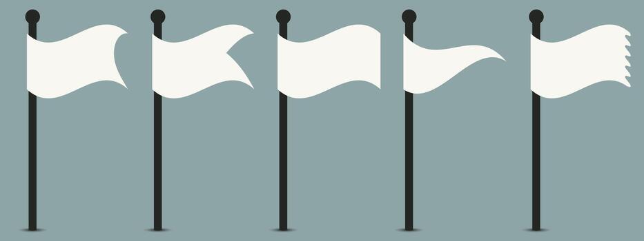 White flags and pennants on poles. Set of plain flag icons. Triangle, rectangle and corner shape. vector