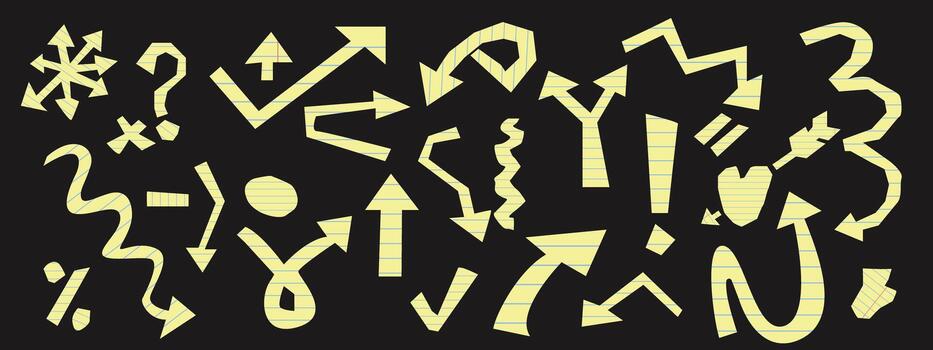 Set of Cutout paper arrows with yellow striped pattern. Crooked Arrows of various shapes like Paper clippings. Design elements for fancy collage, stickers. vector