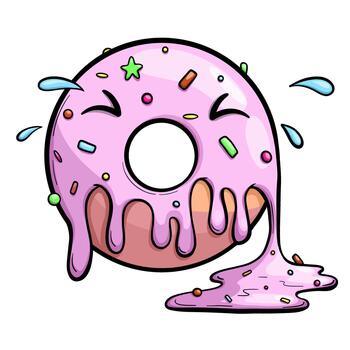 Crying donut with pink frosting and sprinkles. Funny donut character with face and sad emotion. Cute expressive sweet for print, kids book and stickers. illustration Isolated on background. vector