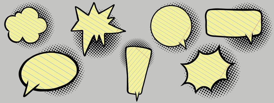 Paper speech bubbles with halftone dotted background Paper Textbox with Yellow lined pattern. Notebook sheets of different shapes for text box. vector