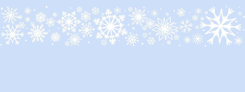 Snowflake border. Winter Holiday Background for ads, greeting, festive design header. Copy space. Christmas banner or Greeting Card Template. Light Blue Background vector