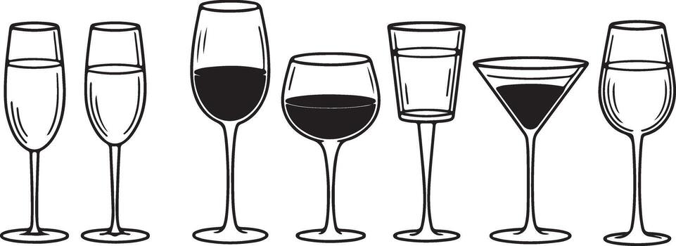 A set of wine glasses with different shapes and sizes vector