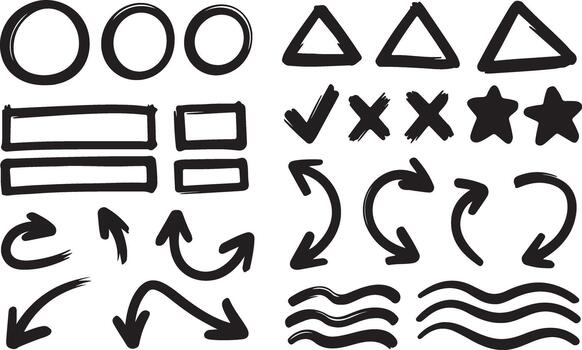 A set of different shapes and arrows drawn with a brush vector