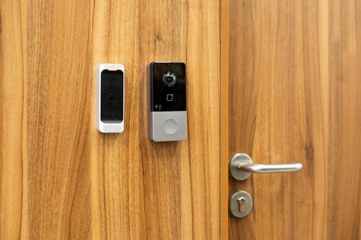 High tech lock with modern key access via card, fingerprint, face scan or voice control. Door in wooden interior with enhanced technology access. Concept of security development and access systems photo