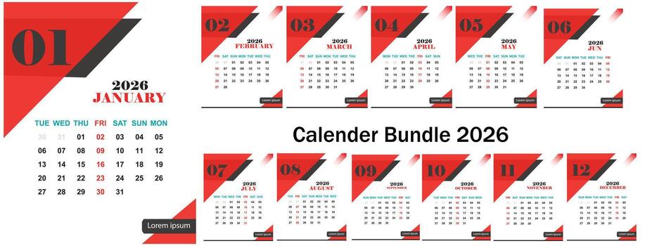 Calendar Bundle for the Year 2026 Featuring a Modern Red and Black Geometric Design for All Twelve Months and Easily Printable Format for Personal and Professional Use vector