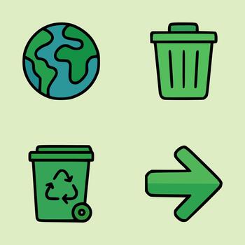 Set of flat design green icons including Earth globe, recycle bin, trash can, and right arrow symbol vector