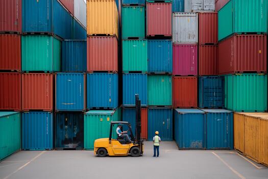 A man is standing in front of a large container stack photo