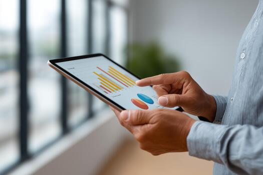 Man using tablet with bar chart on screen photo