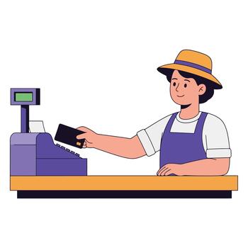 Friendly clerk accepting credit card at checkout counter with a smile vector