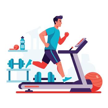 Man achieving fitness goals running on treadmill in modern gym setting vector