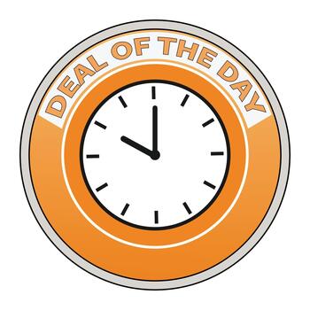 Deal of the day badge isolated on featuring a clock with hands pointing to ten oclock vector