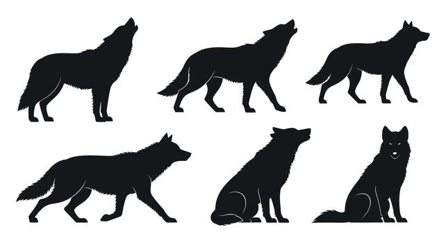 Silhouette of a howling wolf pack, showcasing various poses and expressions in a minimalist design vector