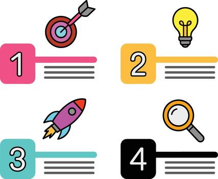 Target light bulb rocket magnifying glass numbered steps arrow dartboard vector