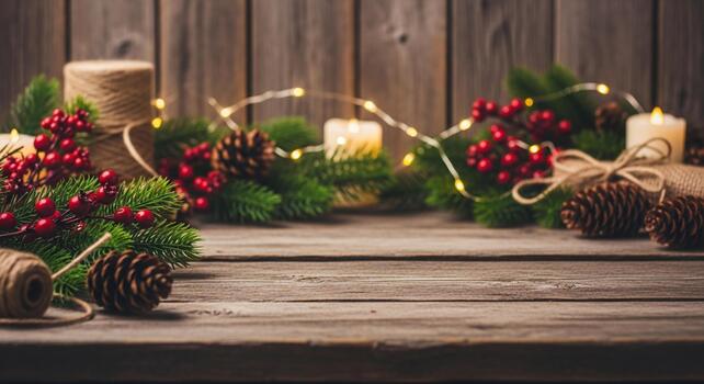 Cozy rustic wooden table foreground with festive Christmas decorations, pinecones, berries, candles, and warm string lights creating holiday magic photo