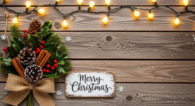 Festive Merry Christmas arrangement with pinecones, holly, cinnamon sticks, and warm string lights on rustic wood background photo