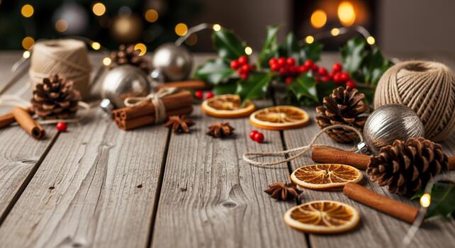 Warm Christmas crafting supplies like pinecones, cinnamon sticks, dried oranges, and twine set on a rustic wooden table with festive bokeh lights photo