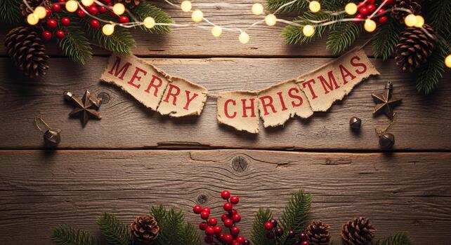 Cozy rustic wooden backdrop featuring a burlap banner with 'Merry Christmas' text, pine sprigs, berries, and warm string lights photo