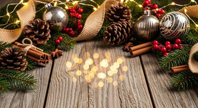 Cozy Christmas vignette with pinecones, cinnamon, berries, ornaments, and warm string lights on rustic wood photo