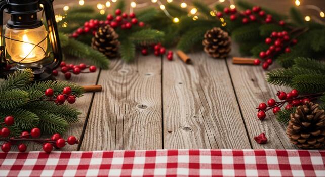 Cozy rustic Christmas background with glowing lantern, pine branches, berries, and festive lights on wooden table photo
