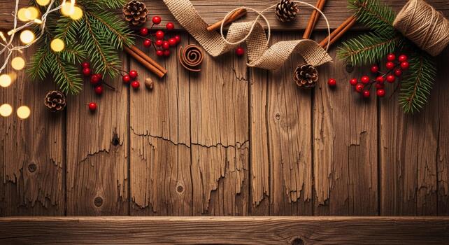 Cozy rustic Christmas background with pine branches berries cinnamon and warm string lights on aged wood photo