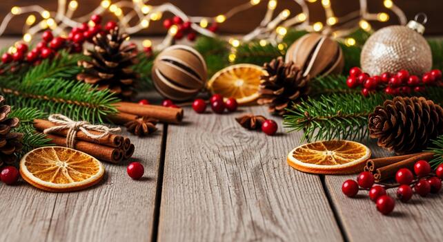Warm festive holiday arrangement featuring pinecones cinnamon sticks dried oranges and red berries with soft bokeh lights photo
