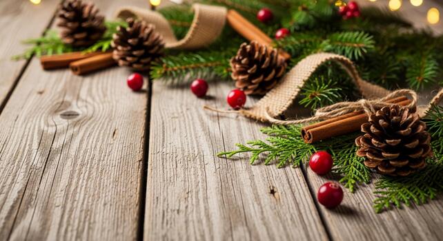 Cozy rustic Christmas border with pinecones, cinnamon, cranberries, and burlap on weathered wood background photo