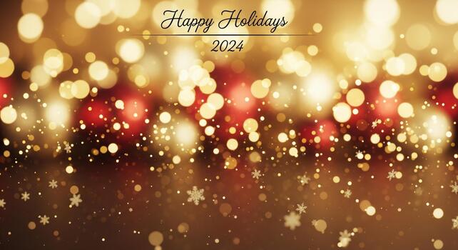 Sparkling golden and red bokeh lights with snowflakes and 'Happy Holidays 2024' text for festive celebrations photo