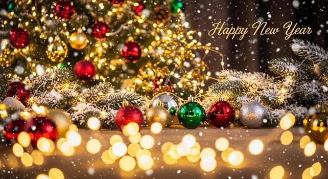 Dazzling Christmas tree adorned with ornaments and twinkling lights, creating a magical holiday atmosphere with falling snow photo