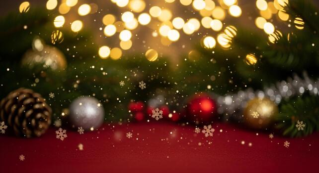 Sparkling festive holiday background with bokeh lights, pine cones, ornaments, and falling snowflakes on a red surface photo