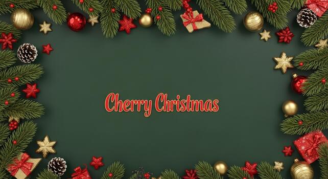 Festive Christmas border with ornaments, pinecones, and gifts creating a warm holiday greeting space photo