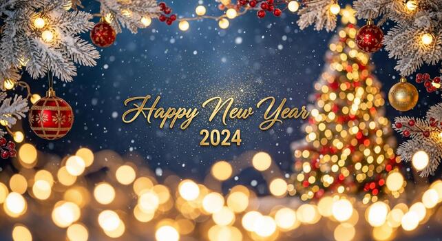 Celebrate the magic of 2024 with a stunning Happy New Year greeting featuring a festive tree and bokeh lights photo