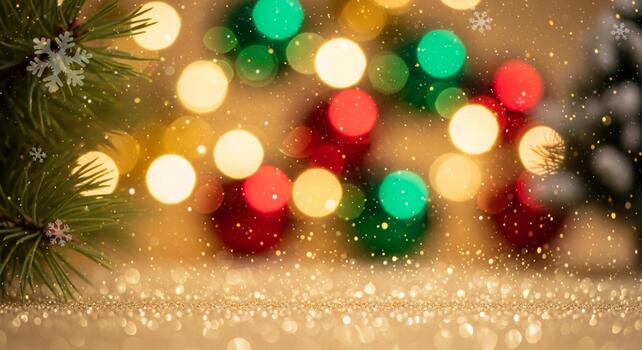 Sparkling gold Christmas background with bokeh lights and pine boughs creating a magical holiday atmosphere for festive designs photo