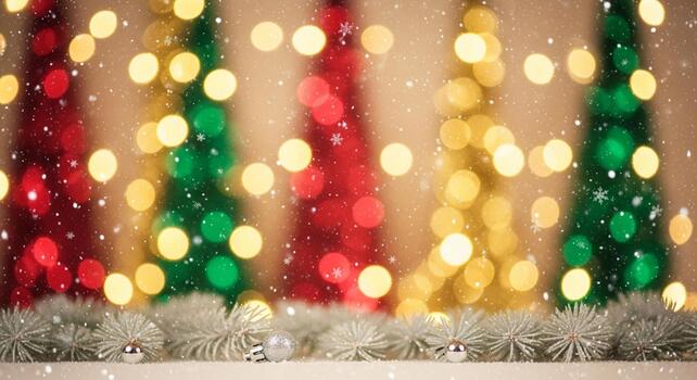 Festive Christmas trees sparkle with lights and falling snow creating a magical holiday background for invitations and seasonal greetings photo