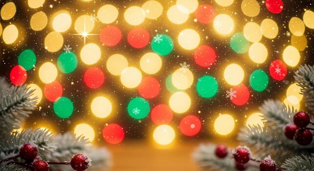 Sparkling festive bokeh lights with frosted pine branches and red berries create a magical winter holiday atmosphere photo