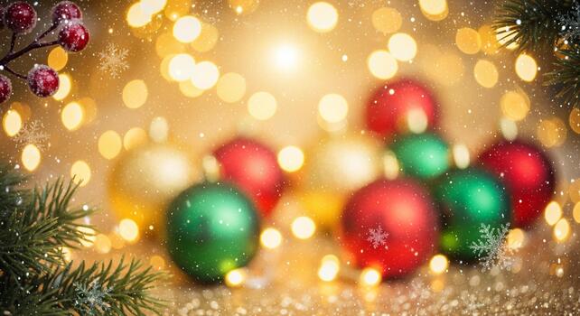 Sparkling holiday magic with festive ornaments, soft bokeh lights, and falling snow creates a warm, inviting Christmas atmosphere photo