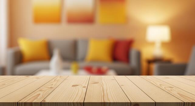Warm, inviting living room scene with focus on textured wooden table for product display, creating cozy atmosphere photo