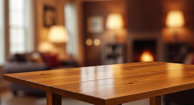 Cozy wooden table surface bathed in warm, inviting light, perfect for showcasing products in a rustic home setting. photo