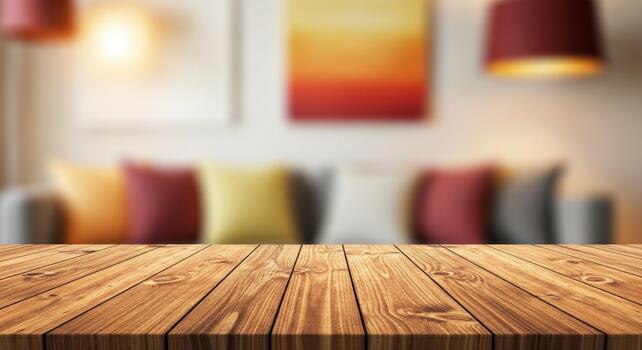 Warm, inviting living room setting with a rustic wooden table in the foreground, perfect for product displays. photo