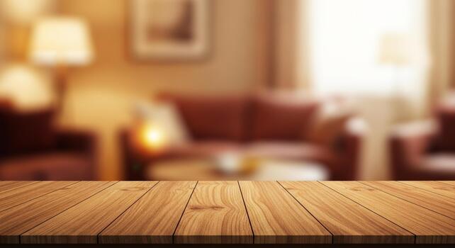 Warm, inviting living room setting with a rustic wooden table in the foreground, perfect for product placement. photo