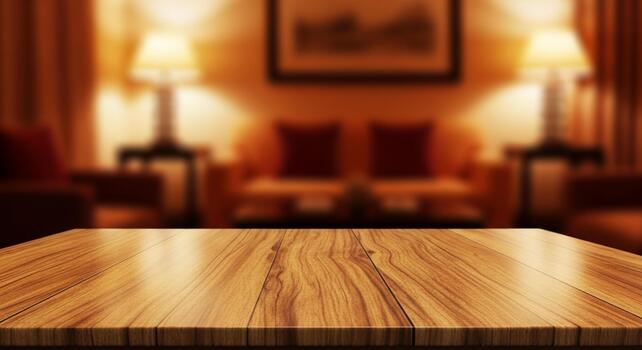 Elegant wooden table surface in a warm, inviting lounge setting with soft ambient lighting for product placement photo