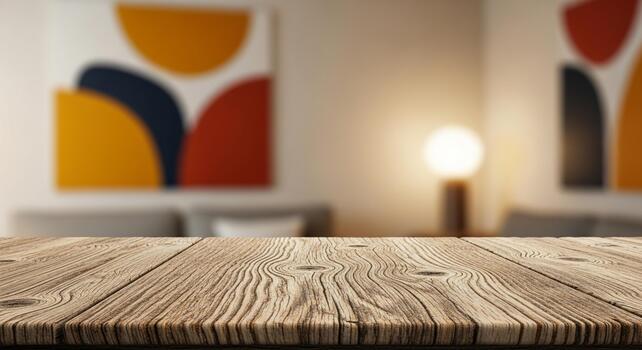 Rustic wooden tabletop in cozy modern living room with abstract art and soft lamp light, perfect for product display photo