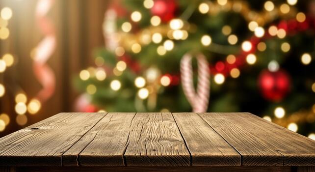 Rustic wooden table surface with warm, festive Christmas tree bokeh lights and ornaments creating a magical holiday atmosphere photo