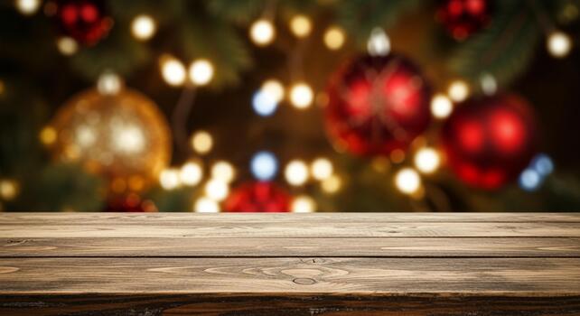 calentar de madera mesa con festivo Navidad árbol bokeh luces y adornos creando un mágico fiesta atmósfera para producto monitor foto