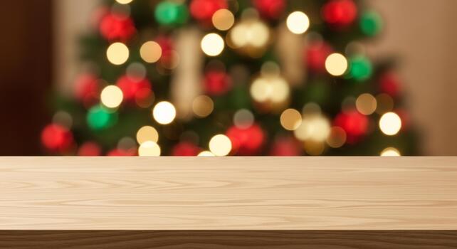 Warm wooden surface in front of a softly blurred festive Christmas tree with glowing bokeh lights creating a cozy holiday atmosphere. photo