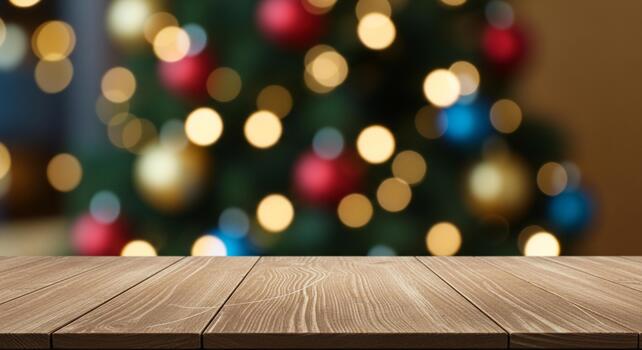 Warm wooden table surface with festive bokeh Christmas tree lights creating a cozy holiday atmosphere for product placement photo