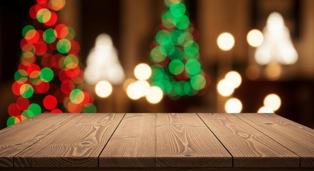 Warm wooden table surface with blurred festive Christmas tree bokeh lights creating a magical holiday atmosphere for product display photo