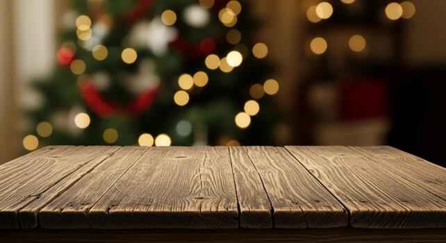 Rustic wooden table surface with warm, blurred Christmas tree bokeh lights creating a cozy festive atmosphere for holiday scenes photo
